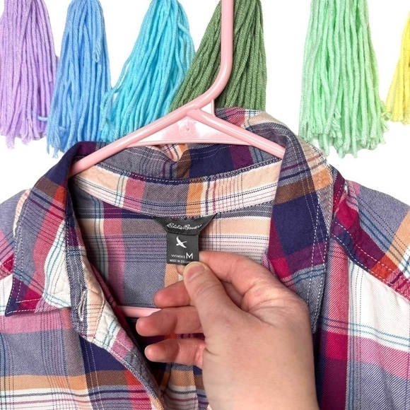 Eddie Bauer Rustic Plaid Pink Purple Orange Cozy Plaid Flannel Shirt Size Medium - Picture 5 of 13
